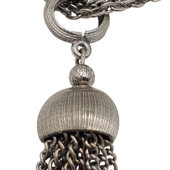 Silver Tone Tassel Pendant Necklace Triple Link Chain Vintage 1960s 23" Long - Picture 2 of 9